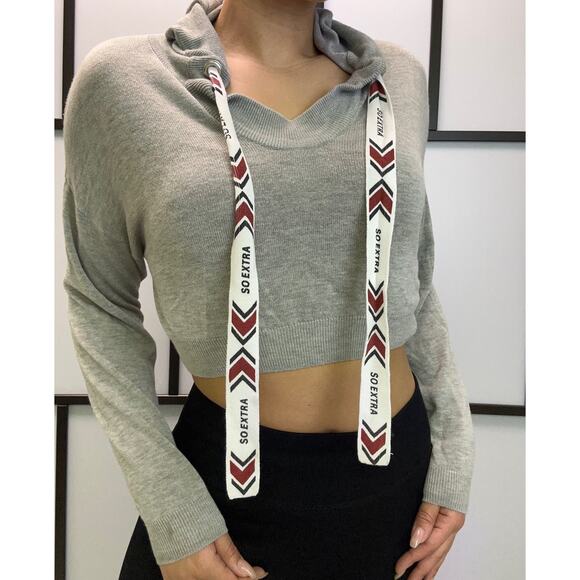 Grey long sleeve crop top with hoodie size M long strings - Picture 1 of 3
